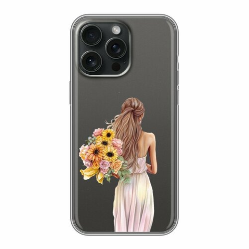 Полупрозрачный дизайнерский силиконовый чехол для Айфон 15 Про Макс / Iphone 15 Pro Max Девушка с букетом
