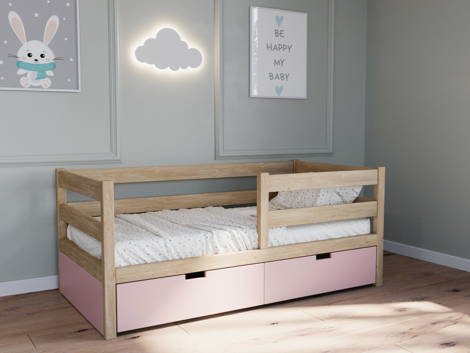 Детская кровать из Бука "Ассоль" цвет розовый/лак от бренда mama-wood.com