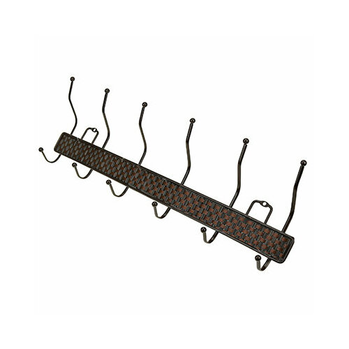 Вешалка-планка металлическая, окрашенная, 6 двухрожковых крючков, 49см, коричневый, вставка - искусственный ротанга (Китай)