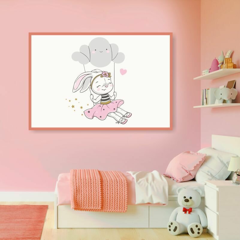 Постер для интерьера на стену Зайка на Качелях для детской Горизонтальный 40х30 см в тубусе ПолиЦентр