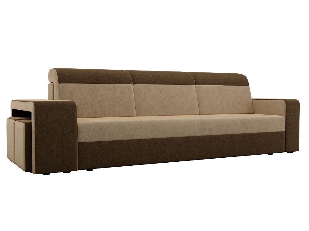 Прямой диван Мустанг с двумя пуфами Бежево-Коричневый, механизм Еврокнижка