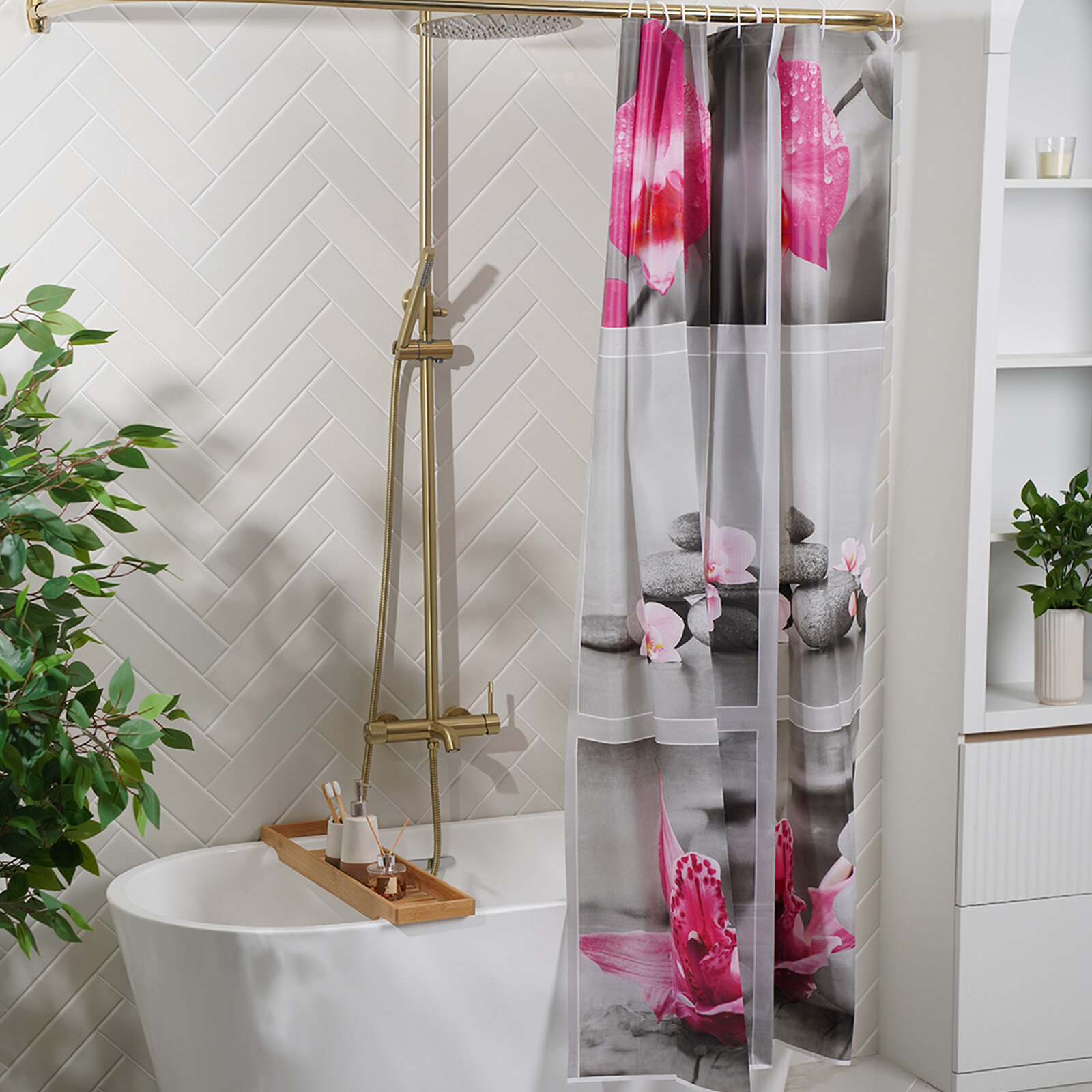 Штора для ванной Доляна Камни и орхидея 180x180