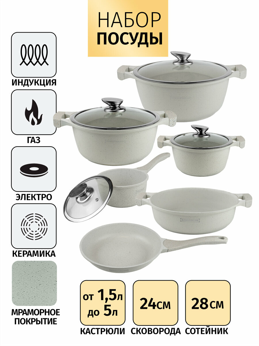 Набор посуды для приготовления Royalty Line, 10 предметов. Литой алюминий, мраморное антипригарное покрытие.