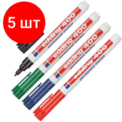 Комплект 5 наб, Набор маркеров перманентных EDDING 400, 1 мм кругл. нак, 4 цв. ПВХ конверт