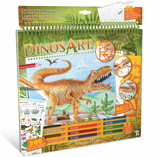 Серия Dino: Набор для раскрашивания (40 скетч страниц, 40 трафаретов, 12 цветных карандашей)