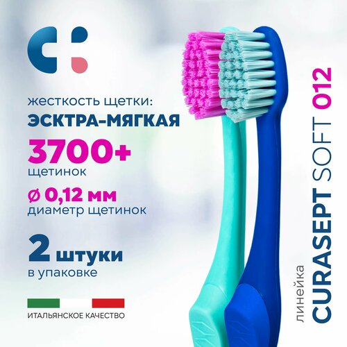 Зубная щетка экстра мягкая CURASEPT Extra Soft 012 для чувствительных зубов, Курасепт, Италия, набор 2шт (салатовый, синий) + 2 колпачка