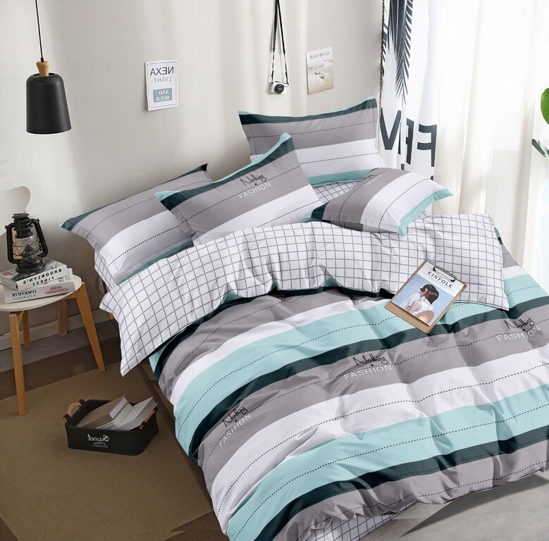 фото Комплект постельного белья Поплин Элис Текстиль бирюзовый с серой клеткой, семейный, рис. 1316