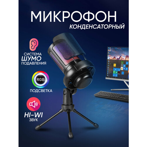 Микрофон конденсаторный игровой студийный для для ноутбука для записи вокала с подставкой поп фильтром usb проводной настольный 252200₽