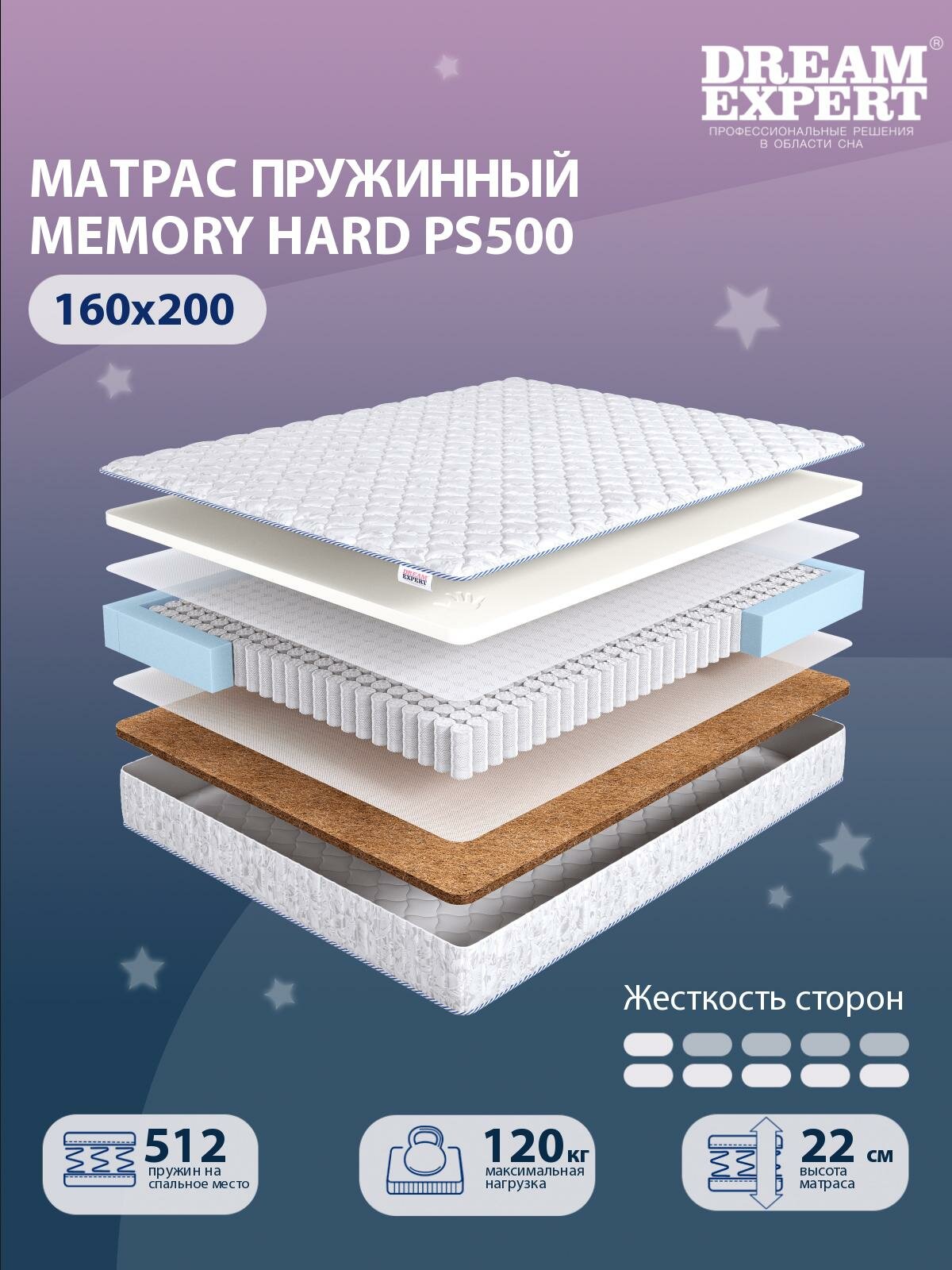 Матрас, Анатомический матрас DreamExpert Memory Hard PS500, низкая и высокая жесткость, двуспальный, независимые пружины, на кровать 160x200
