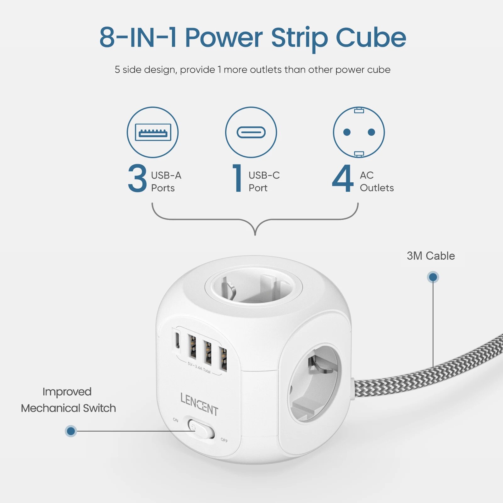 Линцен SL-805E сетевой куб с розетками, 3USB 1 Type C 3M, Вилка европейского стандарта — фото 1