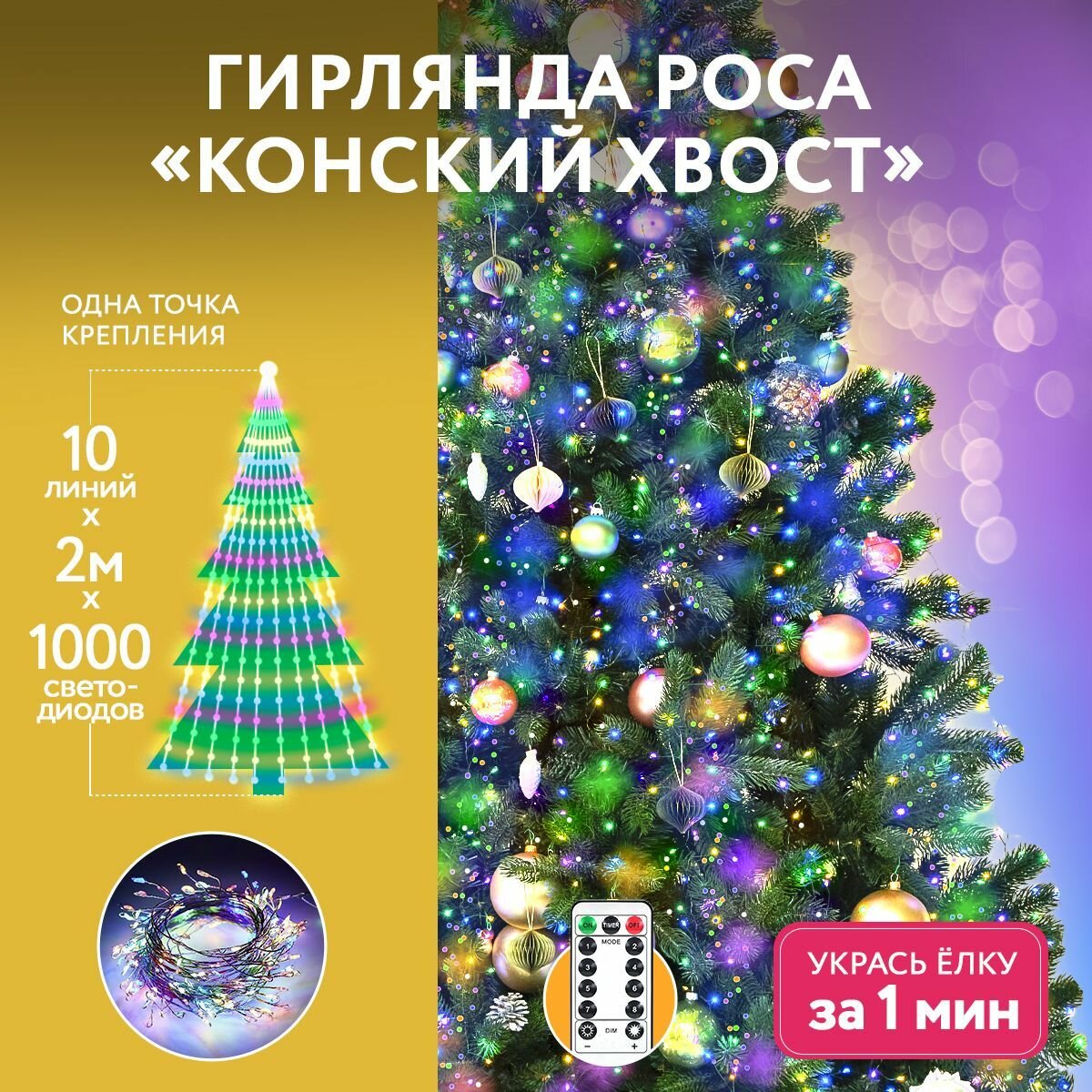 Гирлянда светодиодная мишура Конский хвост 10 линий по 2 метра на ёлку разноцветная
