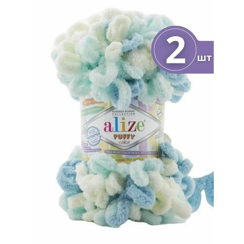 Плюшевая пряжа Alize Puffy Color (Ализе Пуффи Колор) - 2 мотка 6461 Молочный / голубой / мята Микрополиэстер - 100% 100г/9м