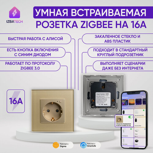 Изображение товара Умная розетка Zigbee на 16А, встраиваемая с голосовым управлением, умный дом, стеклянная золотоая