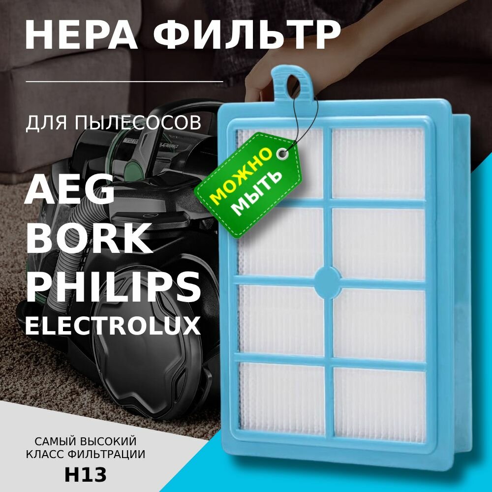 HEPA фильтр моющийся для пылесосов Philips Electrolux BORK AEG (EFH12W EFH13W EFS1W FC8031 FC8038)