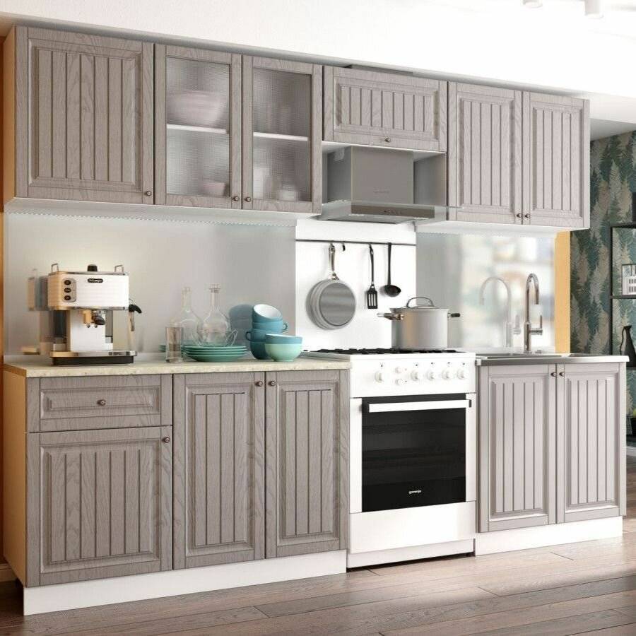 фото Кухонный гарнитур Хозяюшка 2.1м, корпус белый ЛДСП, фасад Трюфель МДФ, столешница Калакатта 1м, 2057х2100х600 ЭРА