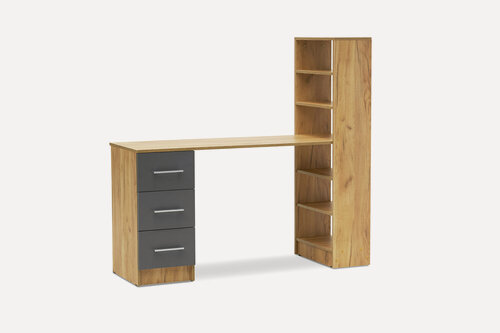 Изображение товара Стол письменный с ящиками и полками Нонтон Гранд графит серый / дуб крафт золото, 145x50.2x135 см