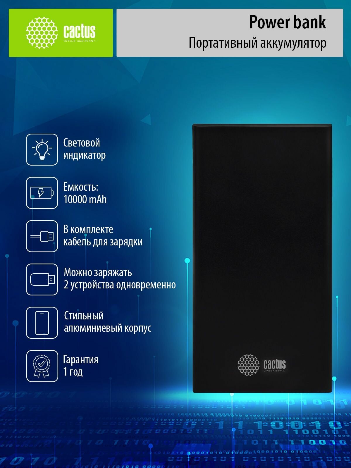 Мобильный аккумулятор Cactus CS-PBFSJT-10000 10000mAh 2.1A 2xUSB черный
