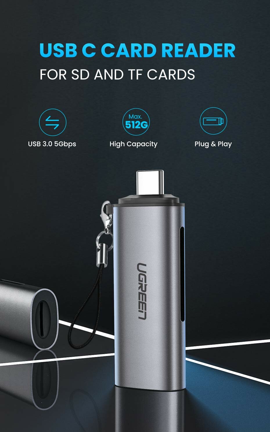 Кардридер UGREEN CM184 (50704) USB-C TF + SD Card Reader. Цвет: серый — фото 1