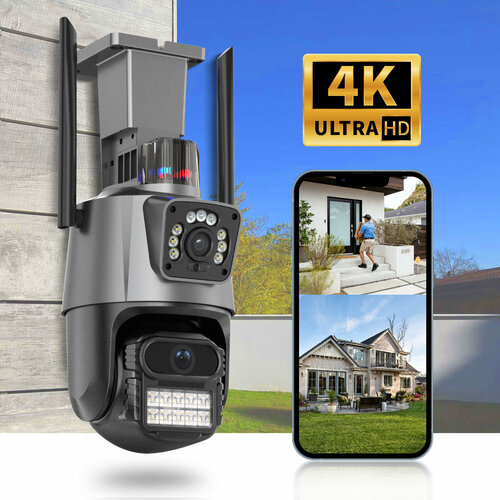 1 шт с 64 Гб карты Уличная Wi-Fi камера видеонаблюдения 8 Мп Full HD 4K Камера двойная 8мп два объектива черная 3100₽