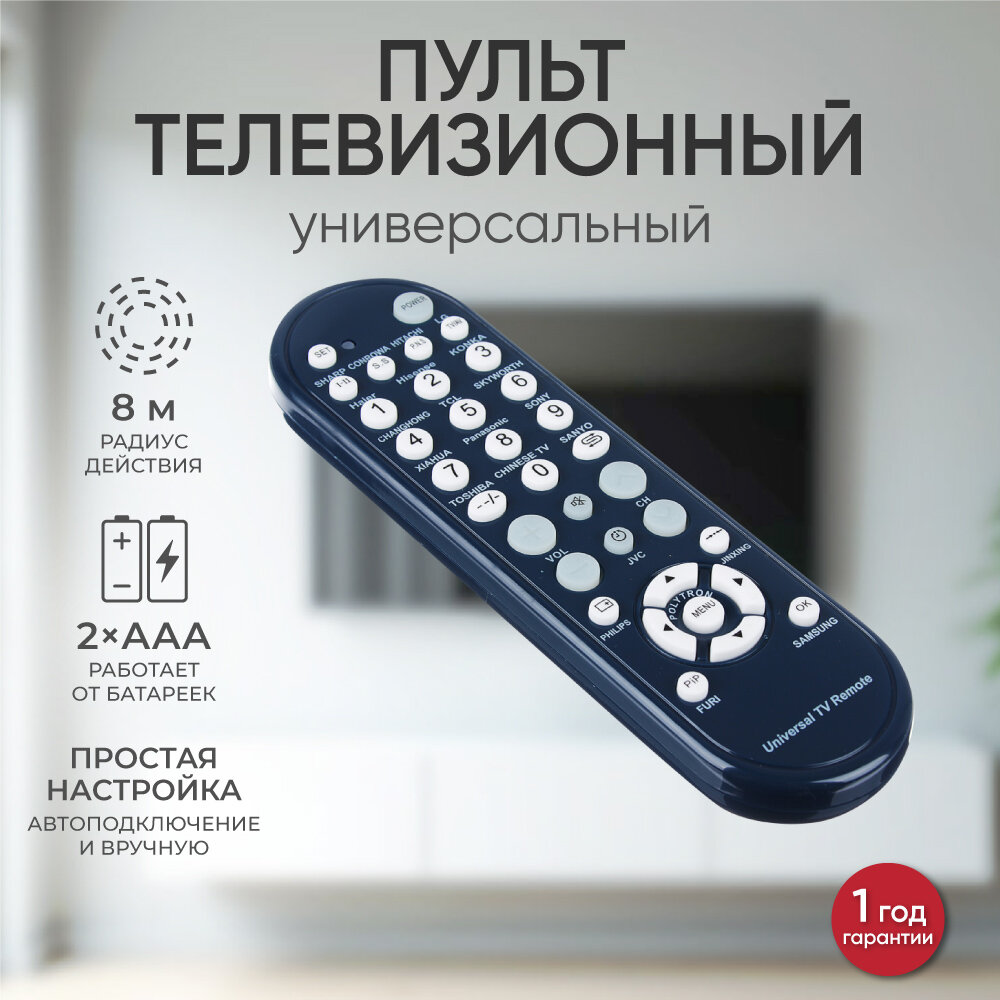 Пульт для телевизора универсальный, округлый, 2хААА, радиус действия 8 м, черный