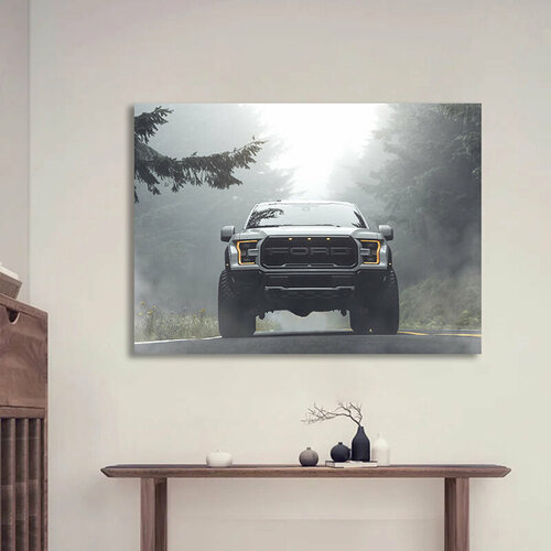 Картина на холсте «Ford: пейзаж на зрителя по туманной лесной дороге, фары включены, вокруг», акцентный формат 50×70 см ВсеКартины.тут
