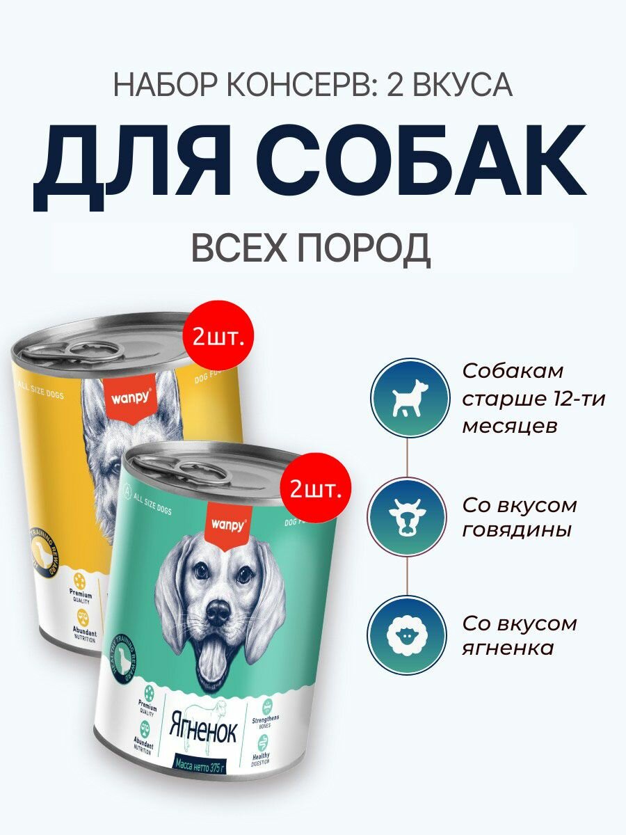 Набор влажного корма Wanpy Dog: 750 г (2 упаковки по 375 г) + 750 г (2 упаковки по 375 г). Консервы для собак. Говядина + Ягнёнок. Ванпи Дог