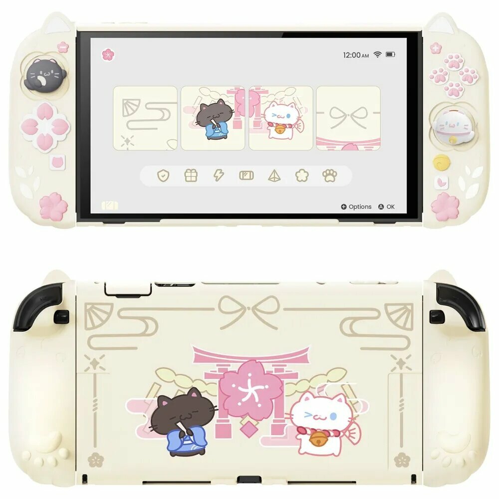PlayVital Чехол защитный для Nintendo Switch 2 Cherry Blossoms Kitten, с подставкой, силиконовые ушки и лапки, жесткий корпус, 2 накладки на джойстик, Античный Жёлтый