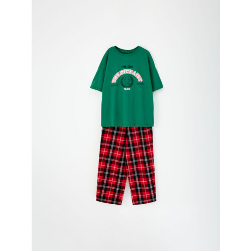 фото Пижама sela, брюки, футболка, размер 122/128, зеленый, красный