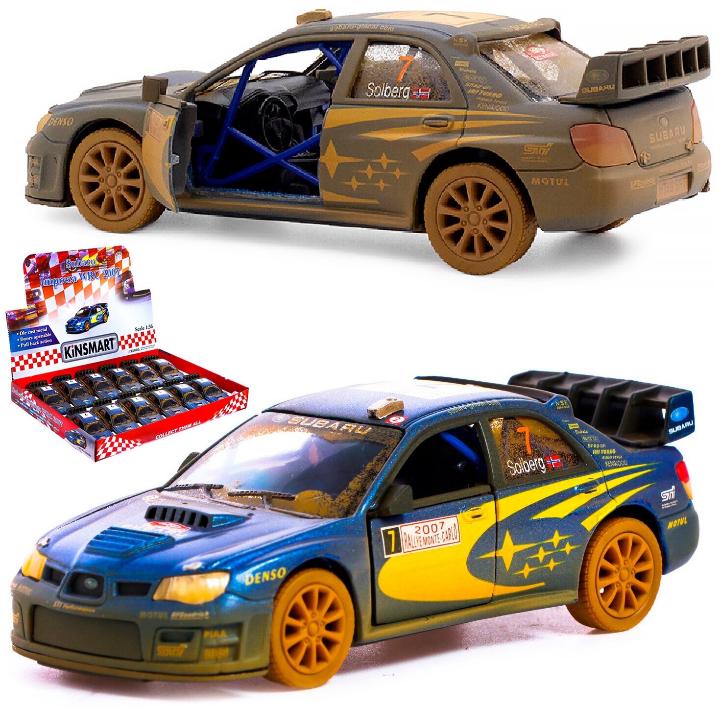 Металлическая инерционная машинка Kinsmart 1:36 Subaru Impreza WRC 2007 5328 DYKT с открывающими дверями, с эффектом грязи