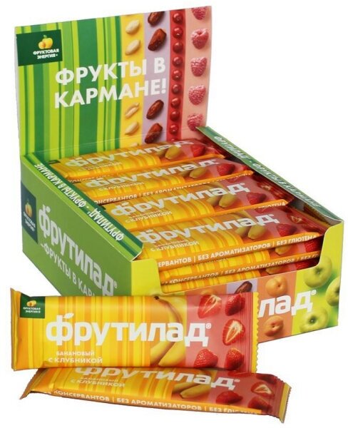 Батончик фруктовый Фрутилад, с бананом и клубникой, 30 г x 24 шт/уп