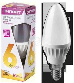 Светодиодная LED лампа свеча Онлайт E14 (е14) 6W (Вт) 2700K 450lm 104x37 176-264V OLL-C37-6-230-2.7K-E14-FR 71628