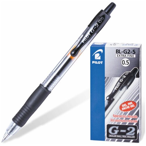Набор 12 штук - Ручка гелевая автоматическая с грипом PILOT G-2, черная, корпус прозрачный, узел 0,5 мм, линия письма 0,3 мм
