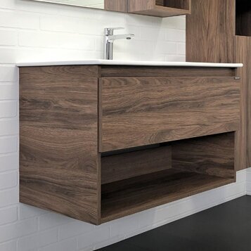 Тумба с раковиной в ванную 90 COMFORTY (Бордо-90 дуб темно-коричневый + раковина Quadro 90)