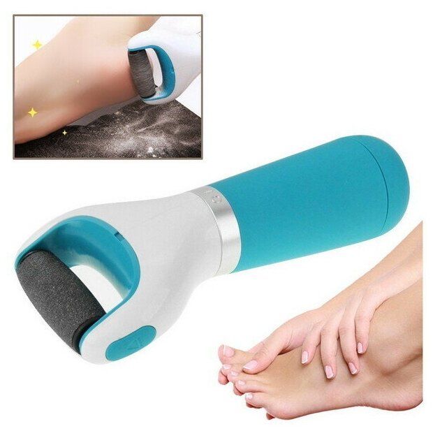 Роликовая пилка для ног, для удаление огрубевшей кожи ног, 2 насадки, питание от батареек или USB, цвет голубой