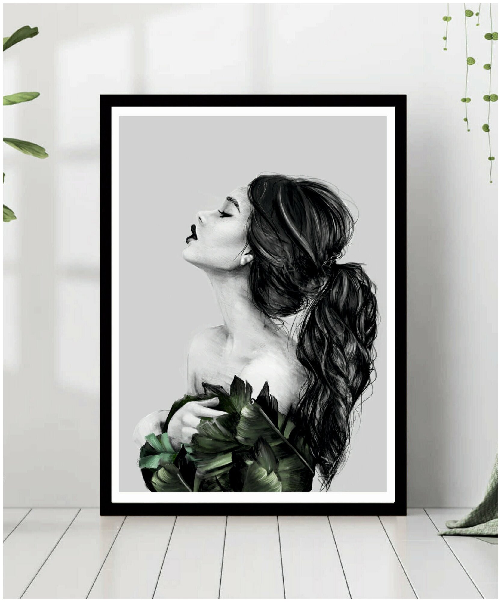 Постер В рамке "Силуэт девушки, черно-белый рисунок" 50 на 70 (черная рама) / Картина для интерьера / Плакат / Постер на стену / Интерьерные картины