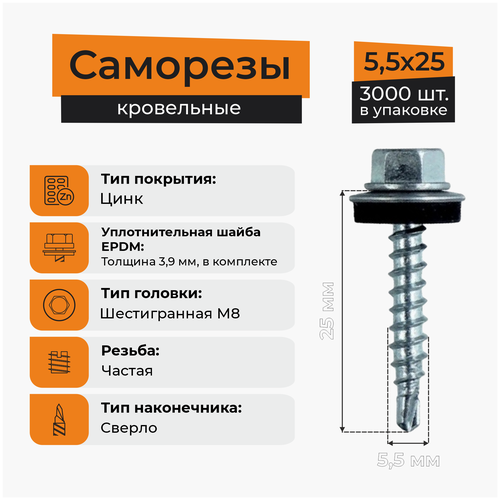 Саморезы кровельные Hoxe 5,5х25, сверло, цинк, с шайбой (3000 шт..), коробка