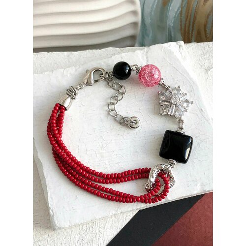 Браслет ELENA MINAKOVA Jewelry Design, оникс, стекло, размер 18 см, черный, розовый