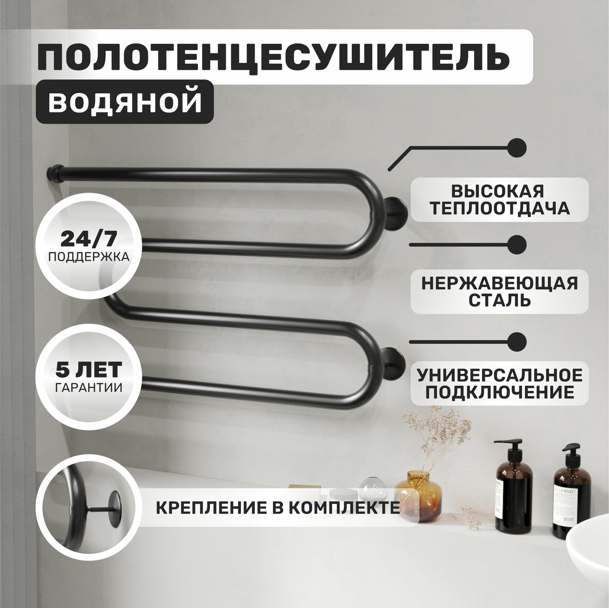 Полотенцесушитель водяной AQUATRIP модель Malta Black Edition без полки 500x800мм с прямым соединением г/ш 1