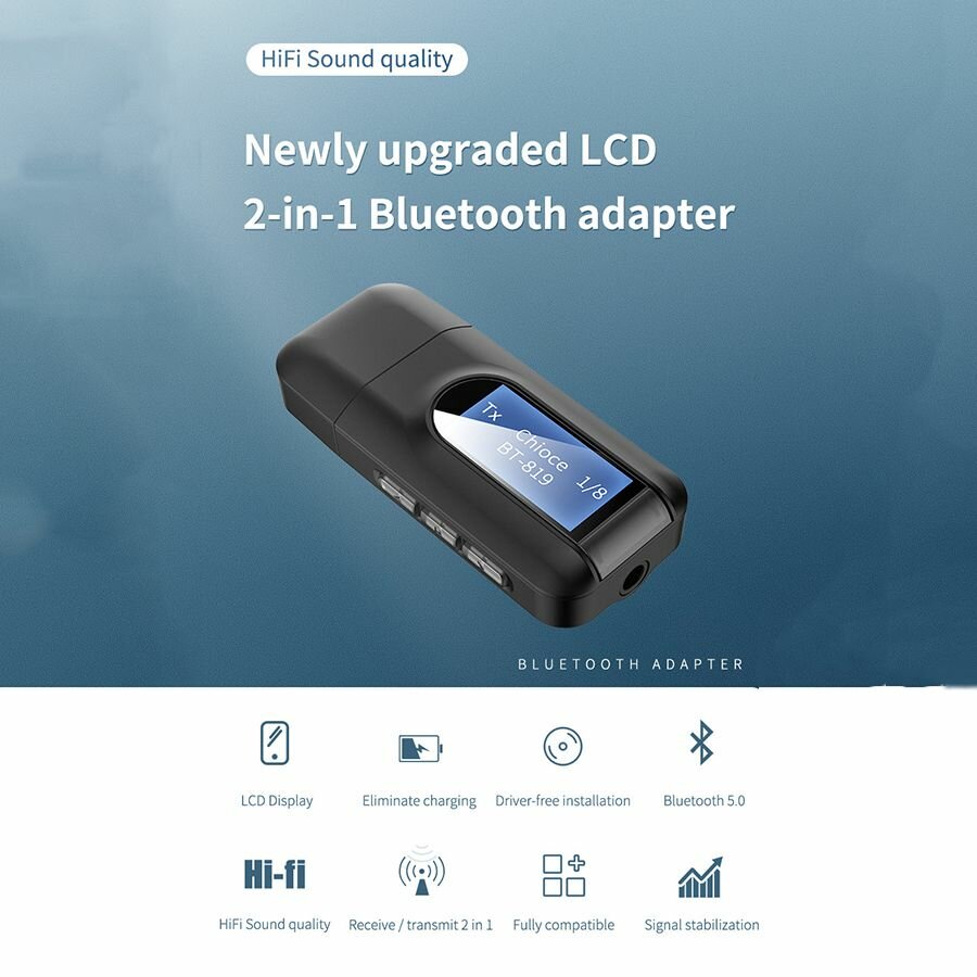 Usb-передатчик/приемник bluetooth 5.0 с жк-дисплеем, 2 в 1 портативный визуализирующий адаптер bluetooth, 3,5 мм беспроводной bluetooth-адаптер