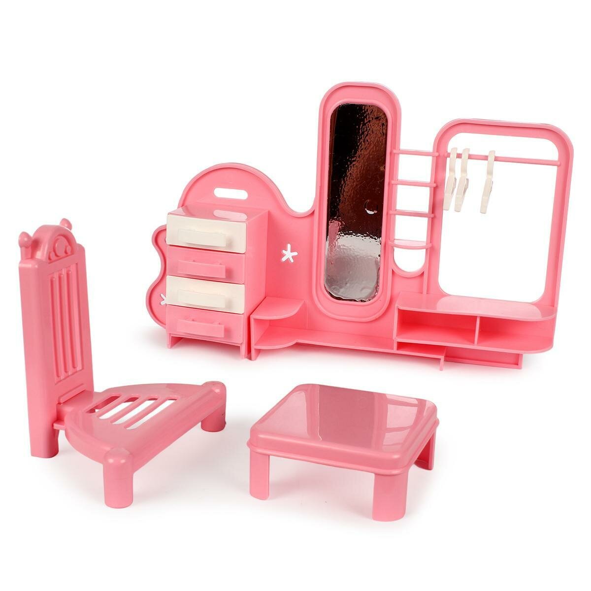 Мебель для кукол «Форма» розовая, комплект из кровати, шкафа, стола