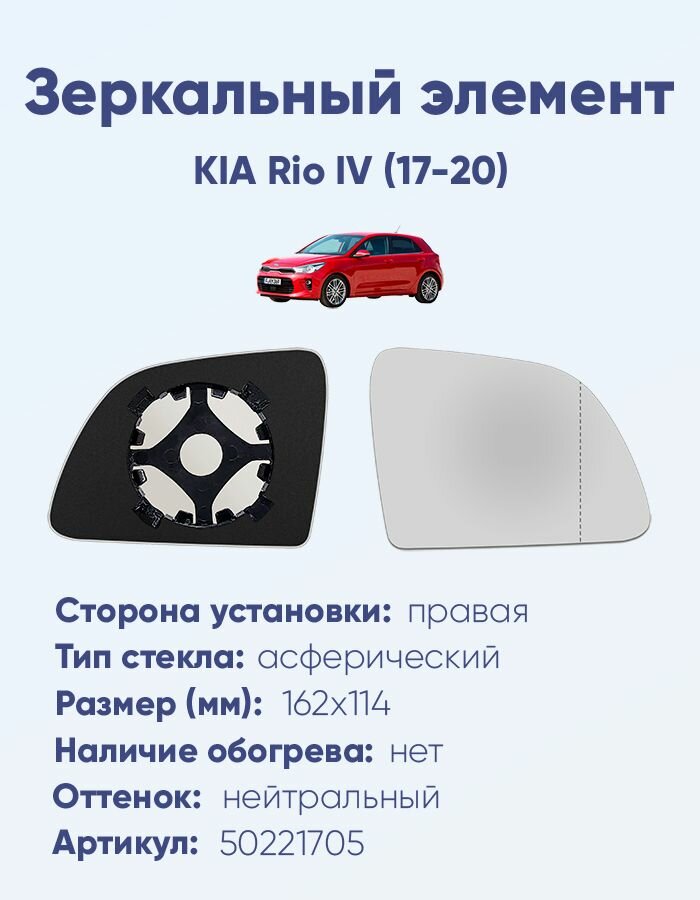 Зеркальный элемент правый KIA Rio IV (17-20) асферика нейтральный без обогрева
