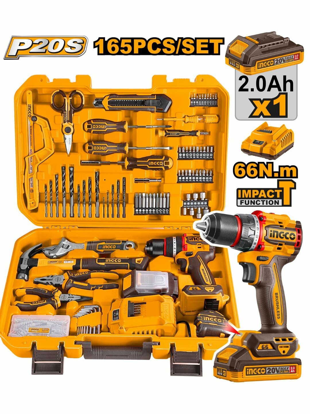 Набор инструментов INGCO HKTHP11651, 165 элементов, кейс, 20В, Li-Ion
