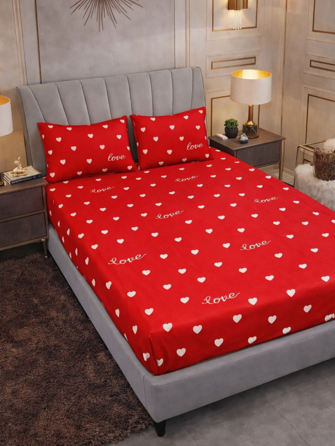 Простыня, 2-спальная, на резинке, с наволочками, сатин, розовая