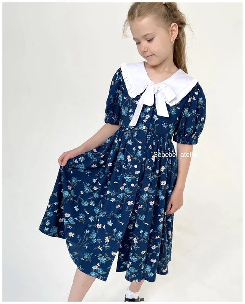 Платье для девочки/платье с воротником/нарядное платье для девочки/ретро платье, размер 122, цвет синий цветочный