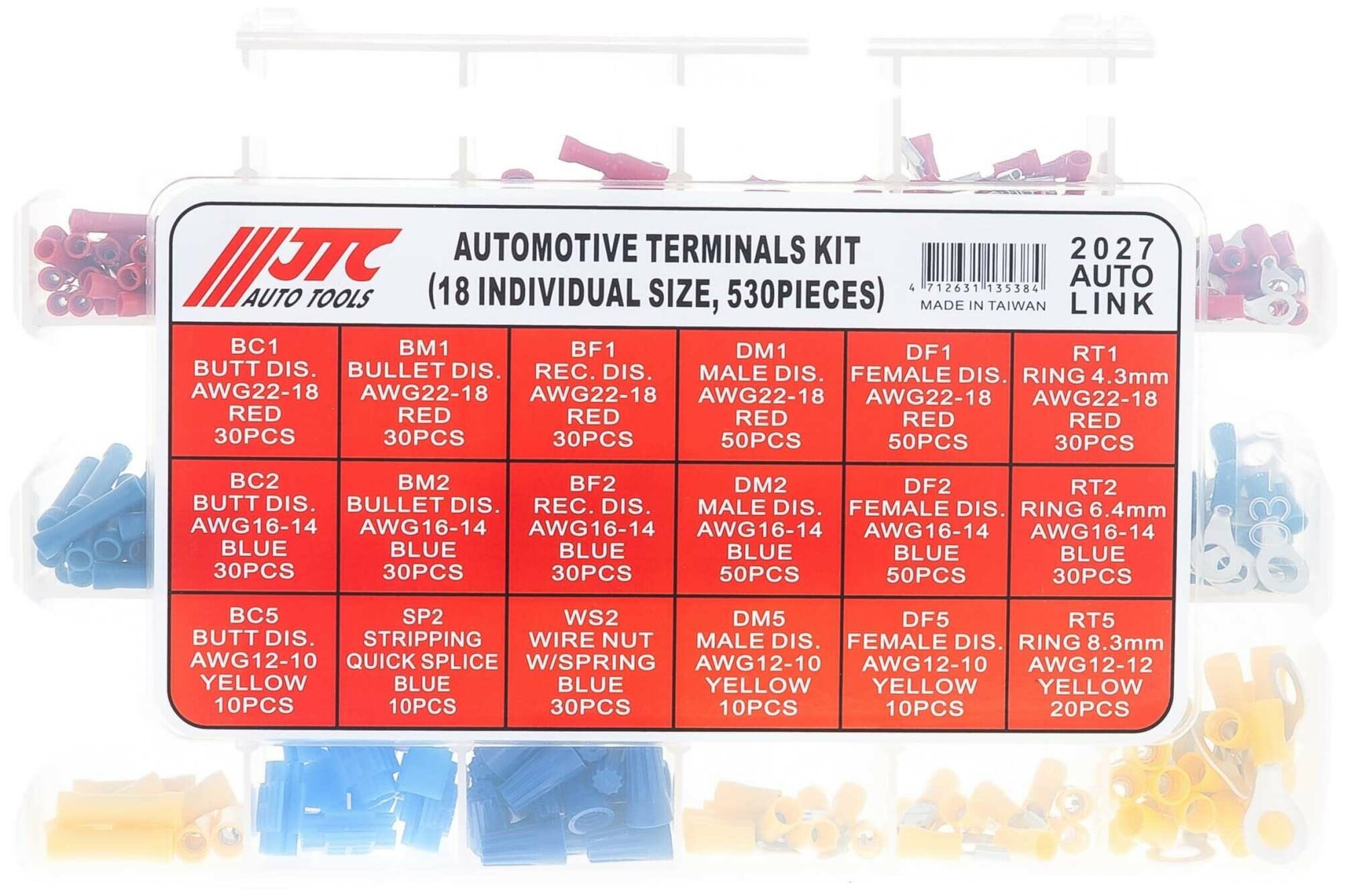 JTC Набор клемм автомобильных изолированных 530шт, 18 типоразмеров в боксе /1/20-2027