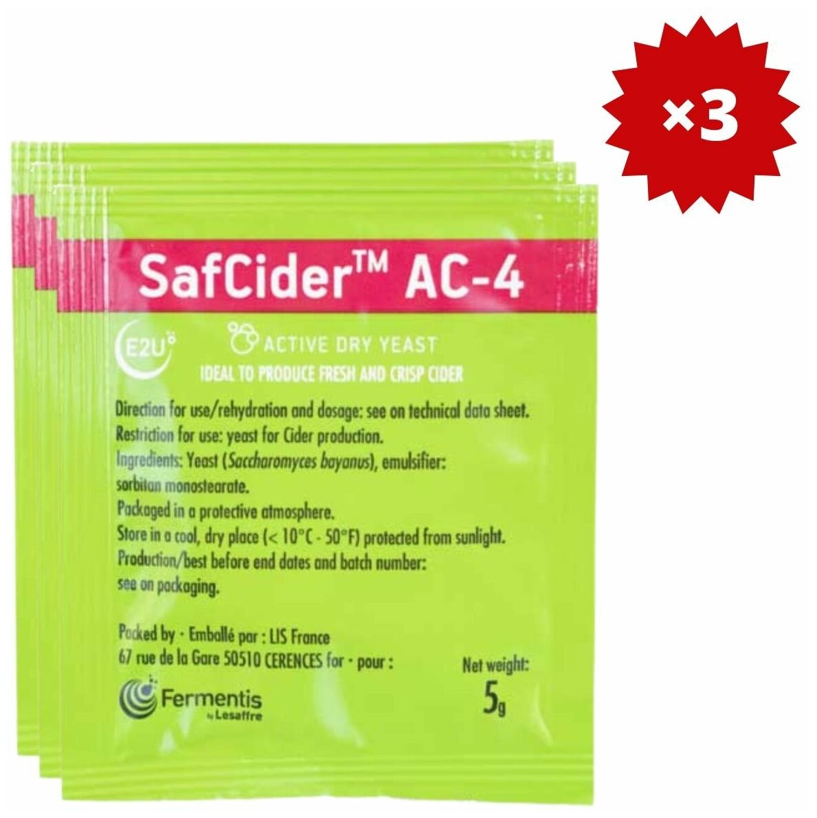 Дрожжи для всех видов сидра и вина Safcider AC-4, 5 г, Fermentis, 3 шт.