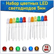 Набор цветных LED светодиодов 5мм 12 шт. (синий, зеленый, красный, оранжевый, желтый, белый) & Комплект LED diode