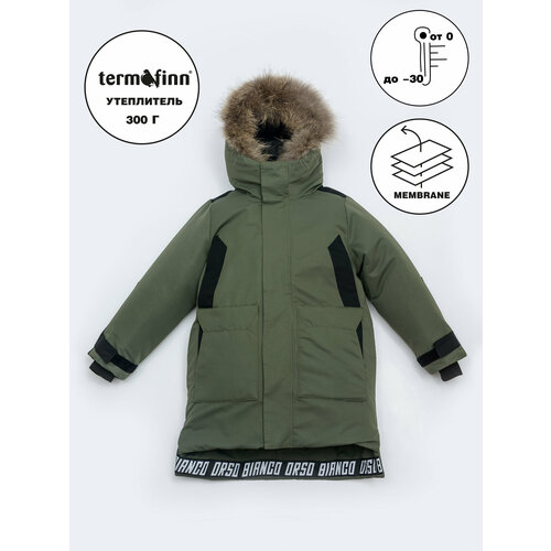 фото Парка orso bianco зимняя зимний, карманы, капюшон, отделка мехом, мембранный, размер 122, черный, зеленый