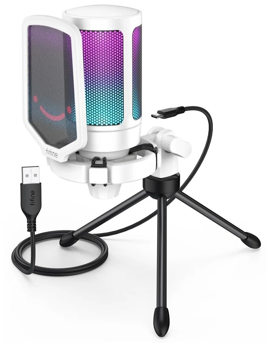 Конденсаторный USB Микрофон Fifine A6V с RGB-подсветкой (White)