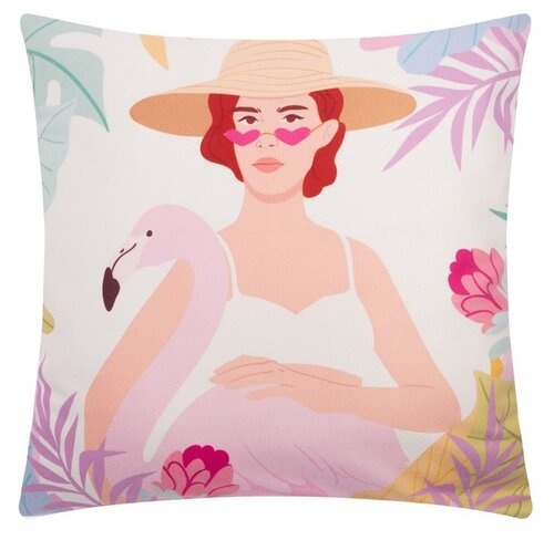 Чехол для подушки Этель Девушка с фламинго 7030001, 40x40 см, бежевый/розовый